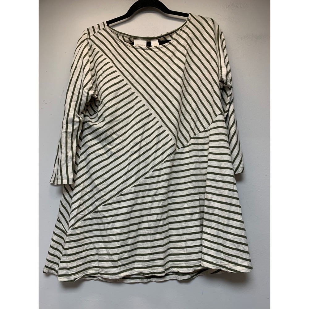Chico's Tunic Women 1 M Olive Green Excellent Asymmetrical Striped 3/4 Sleeve